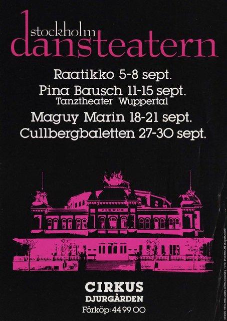 Short term programme for “1980 – A Piece by Pina Bausch” and “Kontakthof” by Pina Bausch with Tanztheater Wuppertal in in Stockholm, 09/11/1984 – 09/14/1984