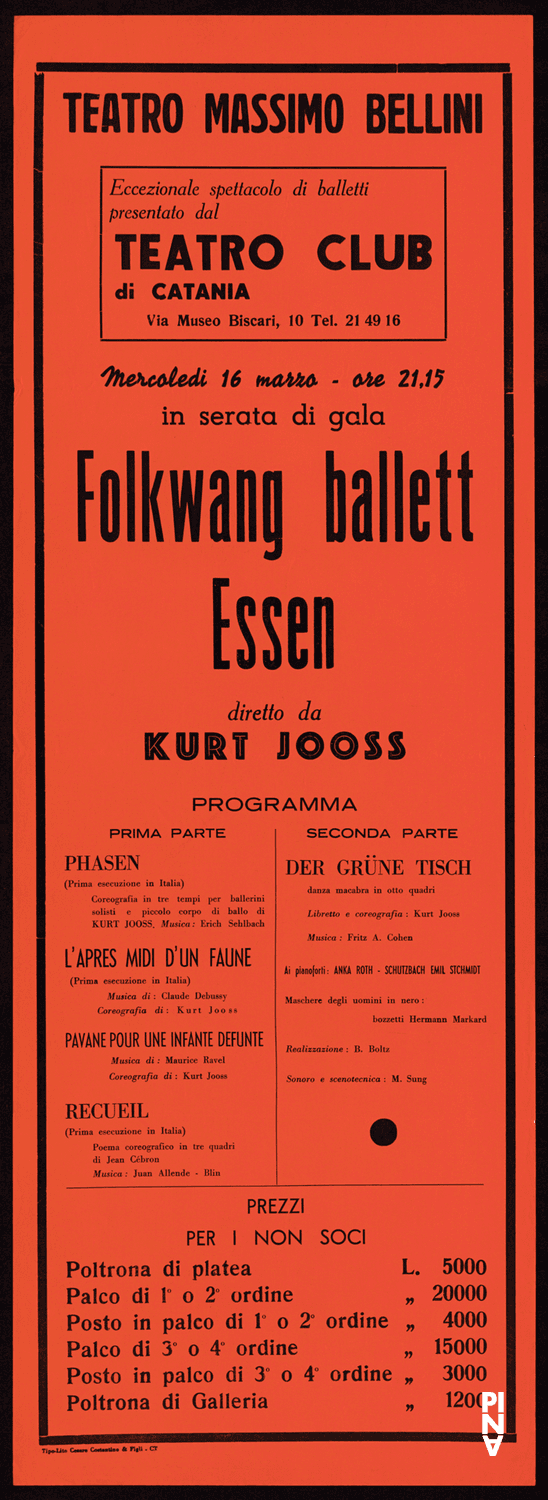 Plakat zu „Der Grüne Tisch“, „L'après-midi d'un faune (Nachmittag eines Fauns)“, „Pavane pour une infante defunte“ und „Phasen“ von Kurt Jooss und „Recueil“ von Jean Cébron in Catania, 16. März 1966