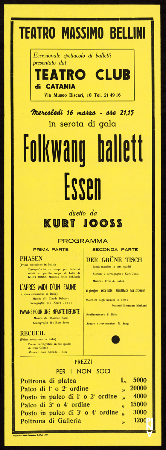 Poster for “L'après-midi  d'un faune”, “Pavane pour une infante defunte”, “The green Table” and “Phasen” by Kurt Jooss and “Recueil” by Jean Cébron (in Catania)