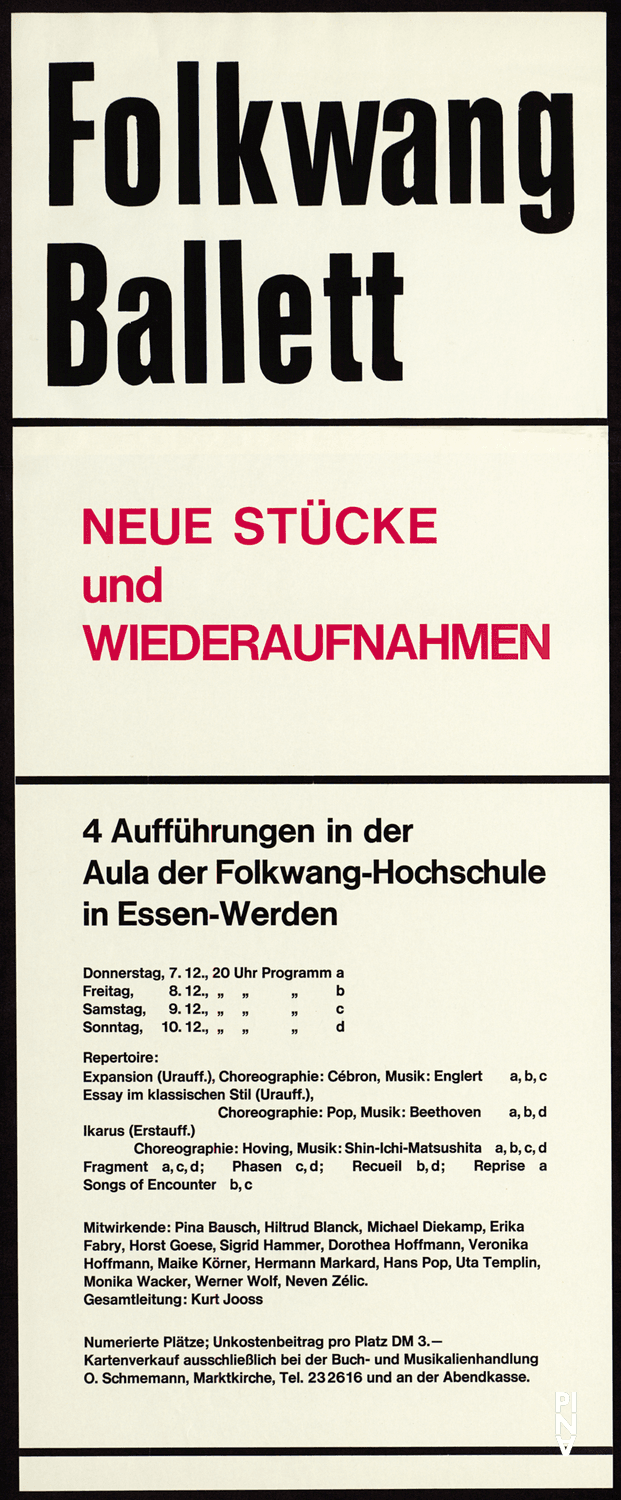 Plakat zu „Fragment“ von Pina Bausch, „Essay im klassischen Stil“ und „Reprise“ von Hans Pop, „Expansion I“ und „Recueil“ von Jean Cébron, „Ikarus“ und „Songs of Encounter (Begegnungen)“ von Lucas Hoving und „Phasen“ von Kurt Jooss in Essen, 07.12.1967–10.12.1967