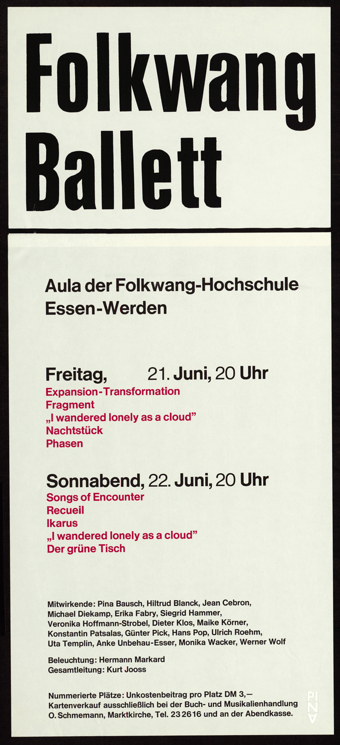 Plakat zu „Fragment“ und „Im Wind der Zeit“ von Pina Bausch, „Der Grüne Tisch“ und „Phasen“ von Kurt Jooss, „Expansion I“, „Recueil“ und „Transformation II“ von Jean Cébron, „Ikarus“ und „Songs of Encounter (Begegnungen)“ von Lucas Hoving und „Nachtstück“ von Hans Pop in Essen, 21.06.1968–22.06.1968