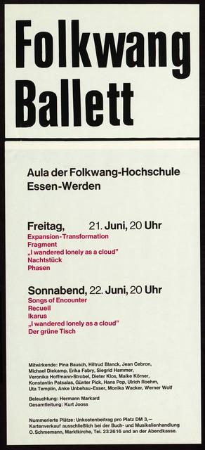 Affiche de « Fragment » et « Im Wind der Zeit » de Pina Bausch, « La table verte » et « Phasen » de Kurt Jooss, « Songs of Encounter » et « Ikarus » de Lucas Hoving, « Expansion I », « Transformation II » et « Recueil » de Jean Cébron et « Nachtstück » de Hans Pop à Essen, 21 juin 1968 – 22 juin 1968