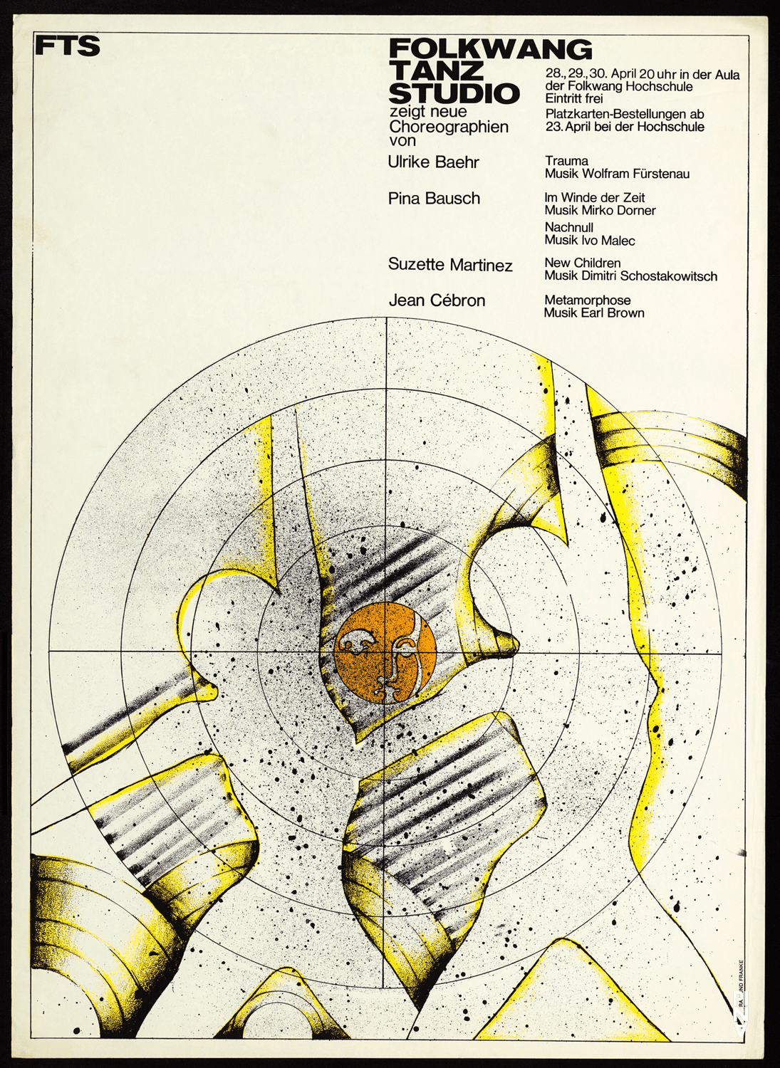 Poster for “Im Wind der Zeit” and “Nachnull (After Zero)” by Pina Bausch, “Metamorphose” by Jean Cébron and “Trauma” by Ulrike Baehr in Essen, 04/28/1970 – 04/30/1970