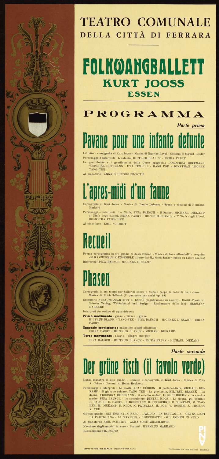 Plakat zu „Der Grüne Tisch“, „L'après-midi d'un faune (Nachmittag eines Fauns)“, „Pavane pour une infante defunte“ und „Phasen“ von Kurt Jooss und „Recueil“ von Jean Cébron in Ferrara, 13.02.1967–14.02.1967