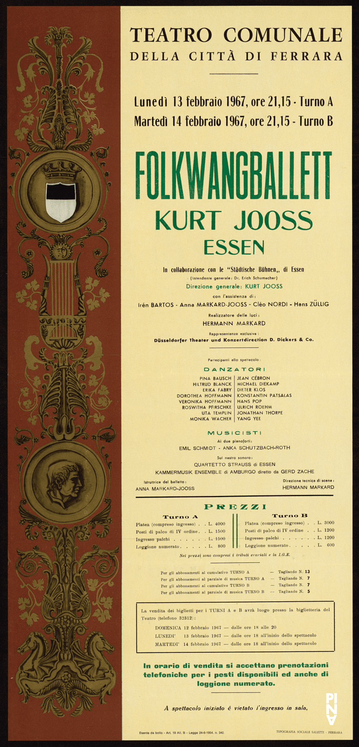 Affiche de « L'après-midi d'un faune », « Pavane pour une infante defunte » et « Phasen » de Kurt Jooss et « Recueil » de Jean Cébron à Ferrara, 13 fév. 1967 – 14 fév. 1967