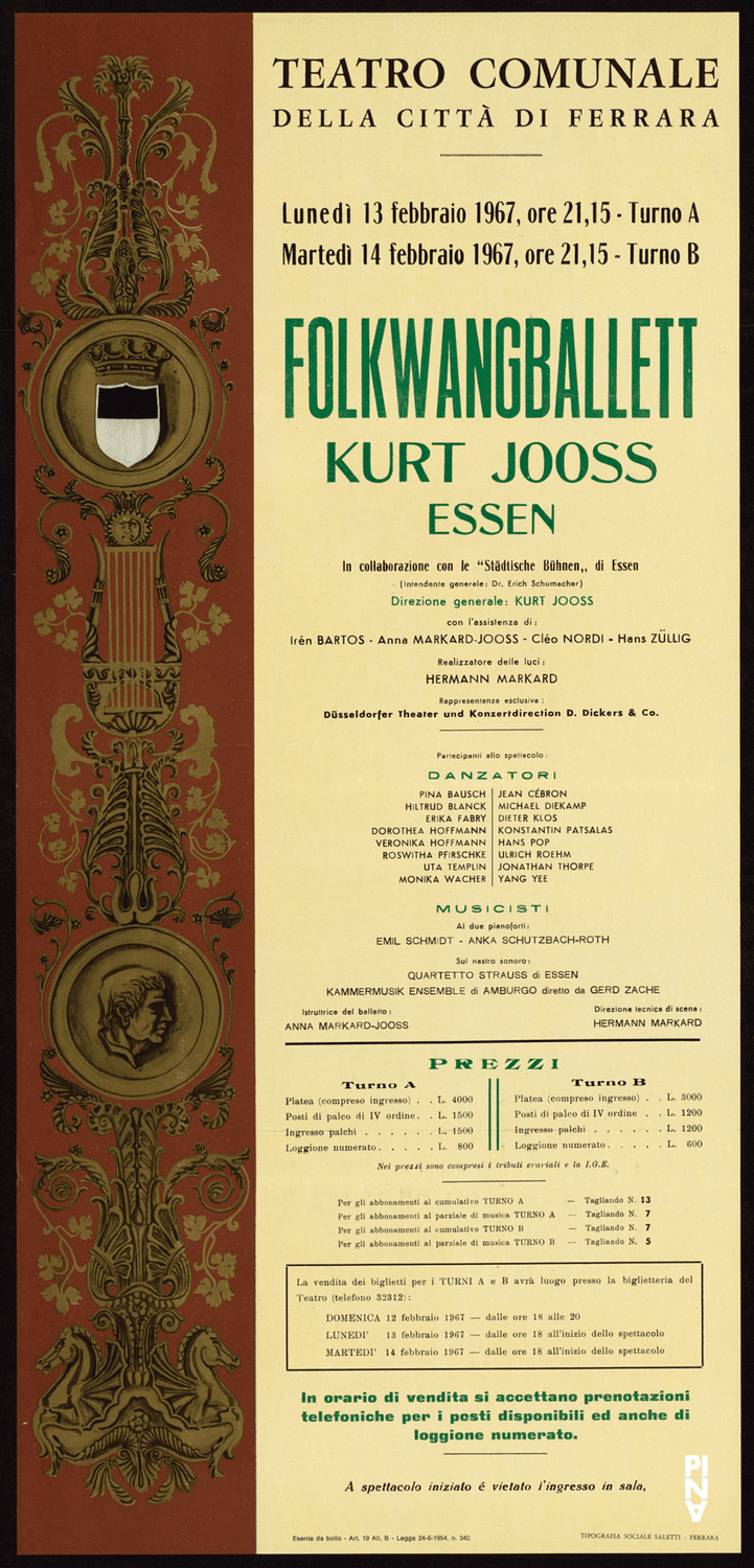 Plakat zu „L'après-midi d'un faune (Nachmittag eines Fauns)“, „Pavane pour une infante defunte“ und „Phasen“ von Kurt Jooss und „Recueil“ von Jean Cébron in Ferrara, 13.02.1967–14.02.1967