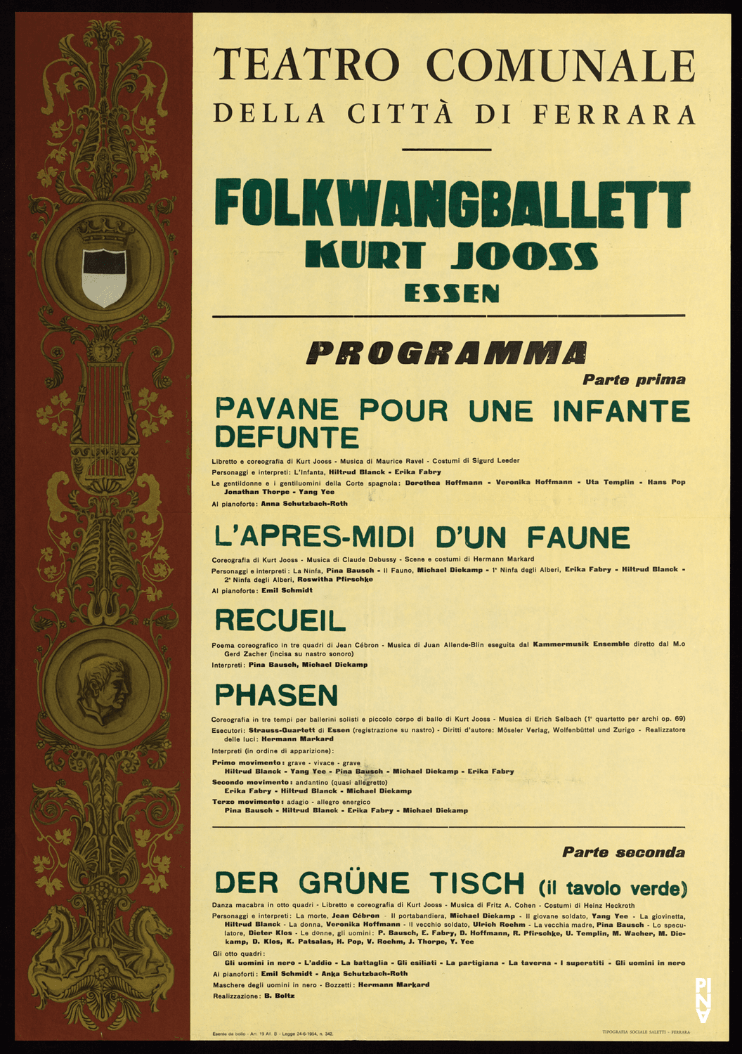 Poster for “L'après-midi  d'un faune”, “Pavane pour une infante defunte” and “Phasen” by Kurt Jooss and “Recueil” by Jean Cébron in Ferrara, 02/13/1967 – 02/14/1967