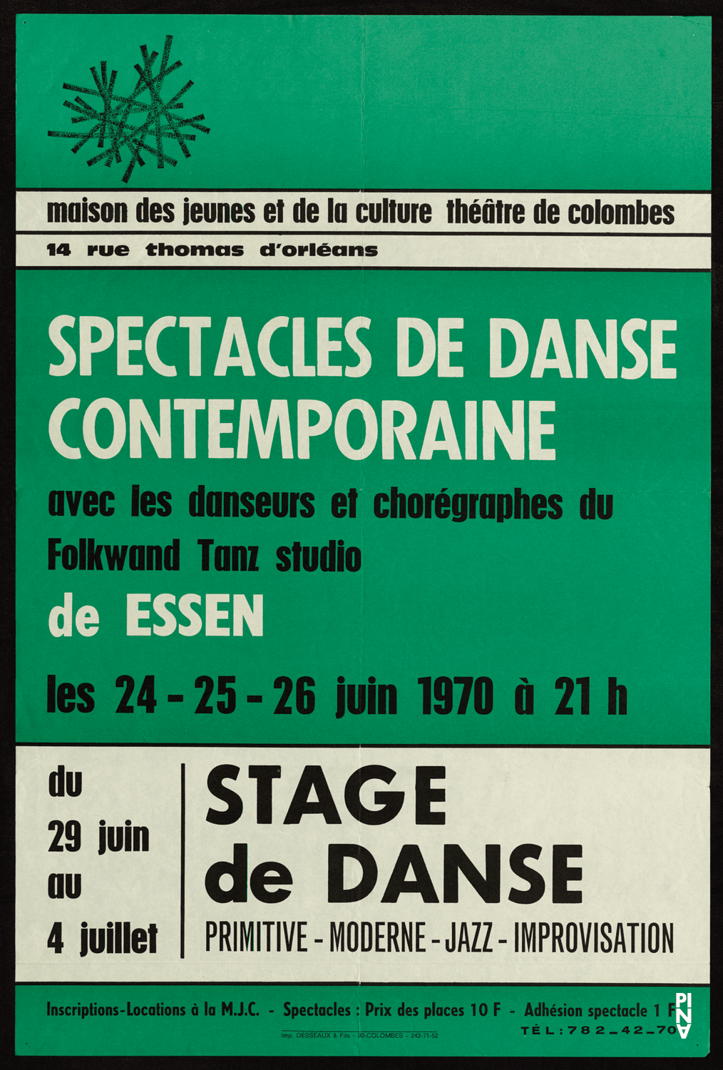 Plakat zu „Im Wind der Zeit“ und „Nachnull“ von Pina Bausch und „Metamorphose“, „Poème dansé“ und „Recueil“ von Jean Cébron in Colombes, 24.06.1970–26.06.1970