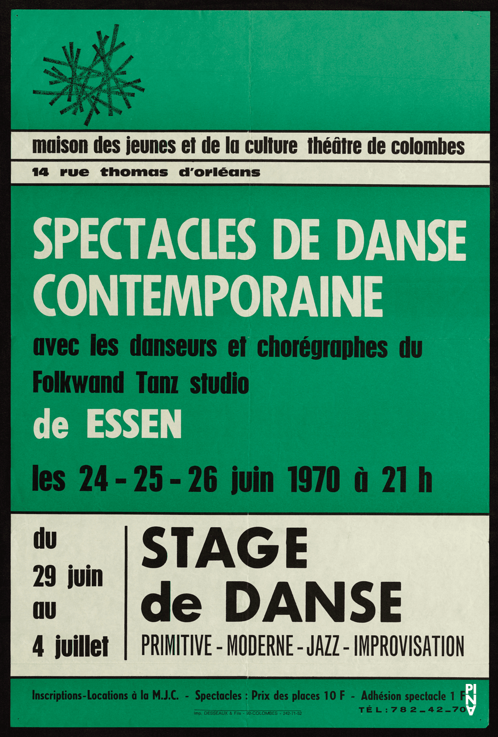 Poster for “Im Wind der Zeit” and “Nachnull (After Zero)” by Pina Bausch and “Poème dansé”, “Recueil” and “Metamorphose” by Jean Cébron in Colombes, 06/24/1970 – 06/26/1970