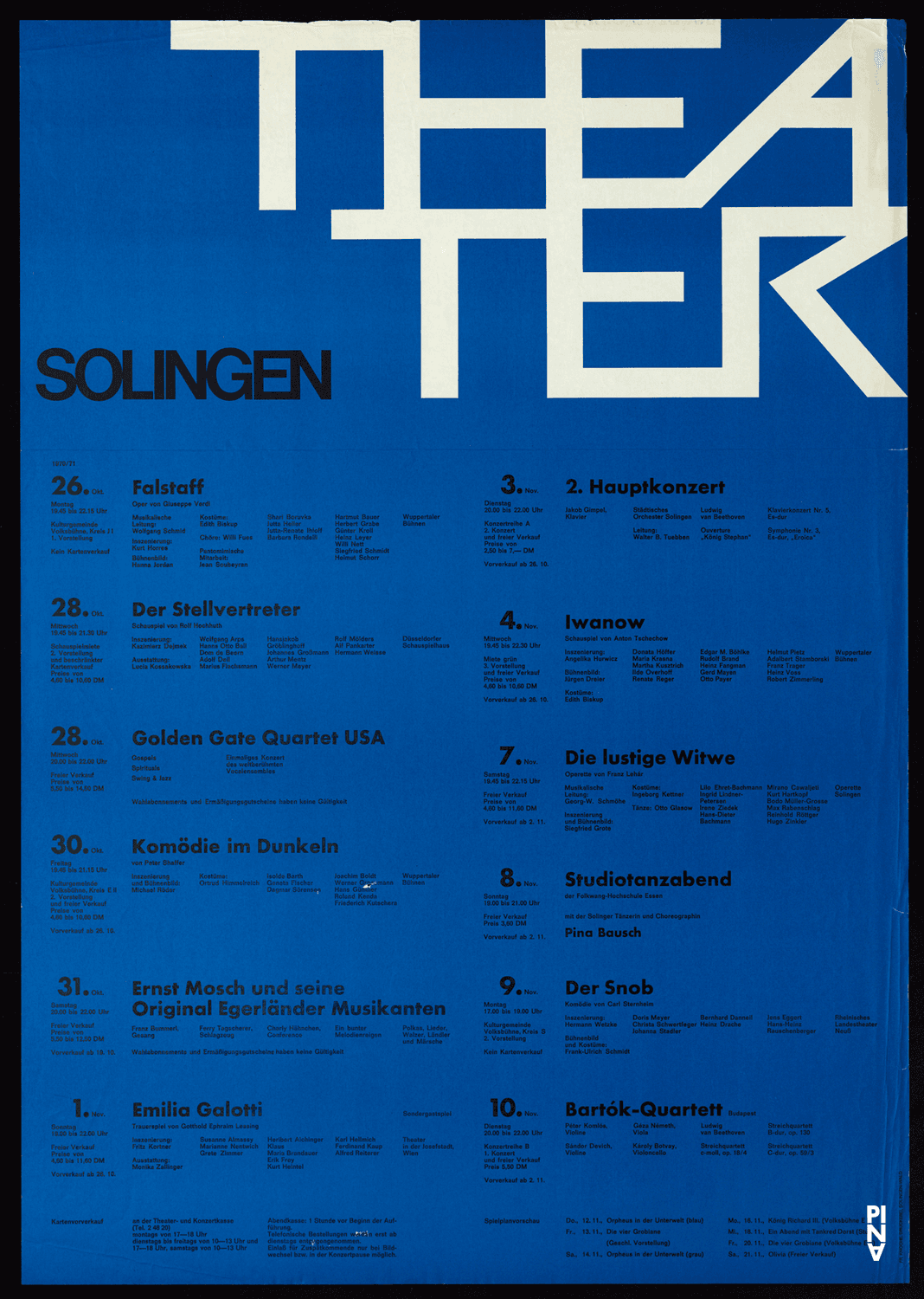 Poster for “Im Wind der Zeit” and “Nachnull (After Zero)” by Pina Bausch, “Poème dansé”, “Recueil” and “Metamorphose” by Jean Cébron and “Mono” by Susanne Linke in Solingen, Nov. 8, 1970