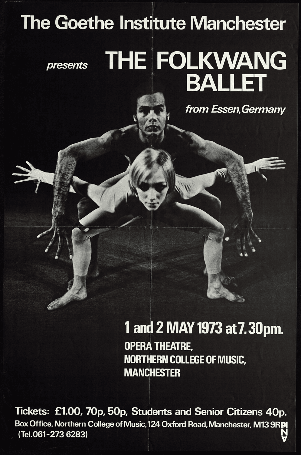 Plakat zu „Aktionen für Tänzer“, „Im Wind der Zeit“, „Nachnull“ und „Wiegenlied“ von Pina Bausch, „Mid-day Rituales“ von Gigi-Georghe Caciuléanu und „Recueil“ von Jean Cébron in Manchester, 01.05.1973–02.05.1973