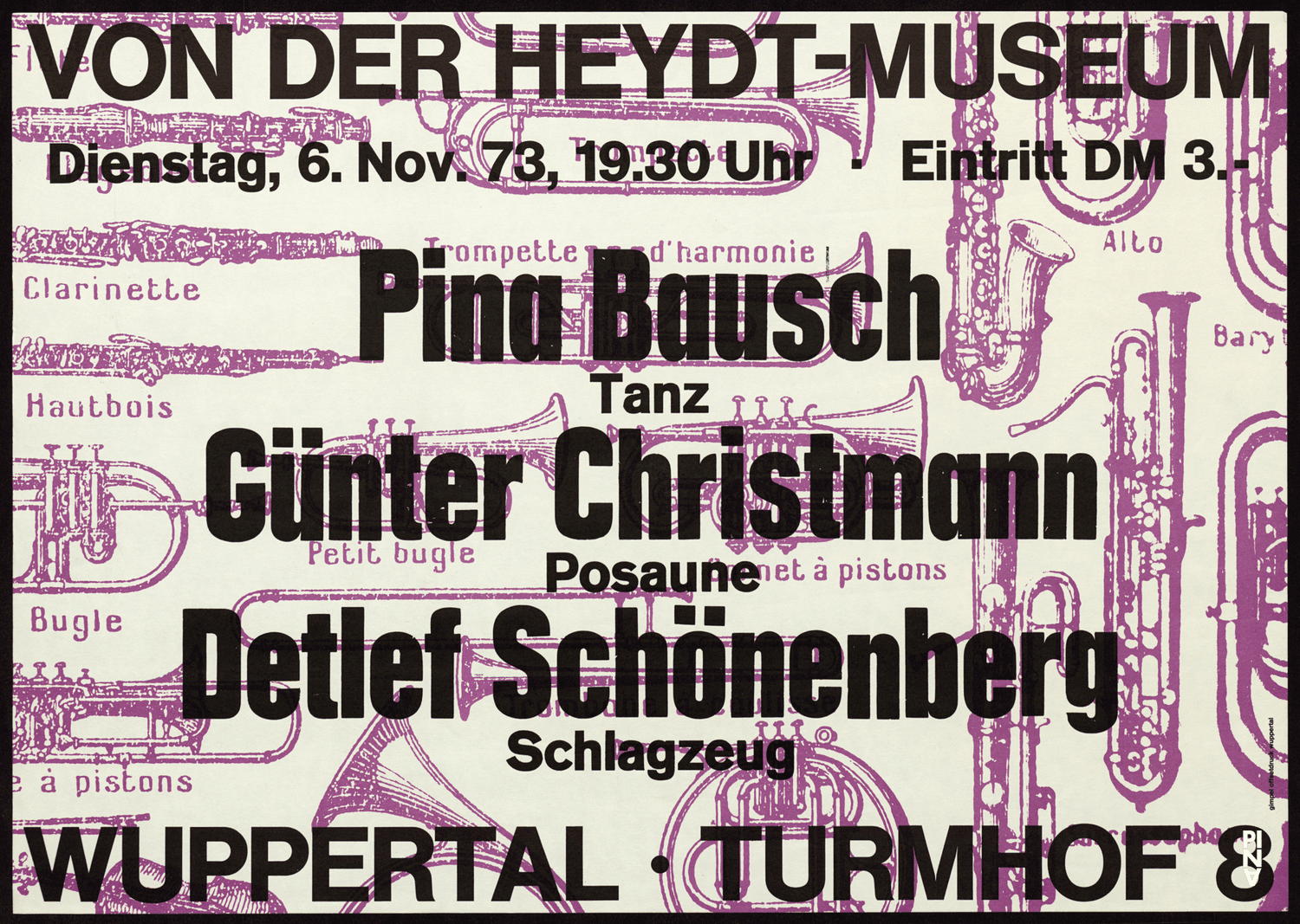 Plakat zu „Jazz Improvisation mit dem Schönerberg-Duo“ von Detlef Schönenberg, Günter Christmann und Pina Bausch in Wuppertal, 6. November 1973