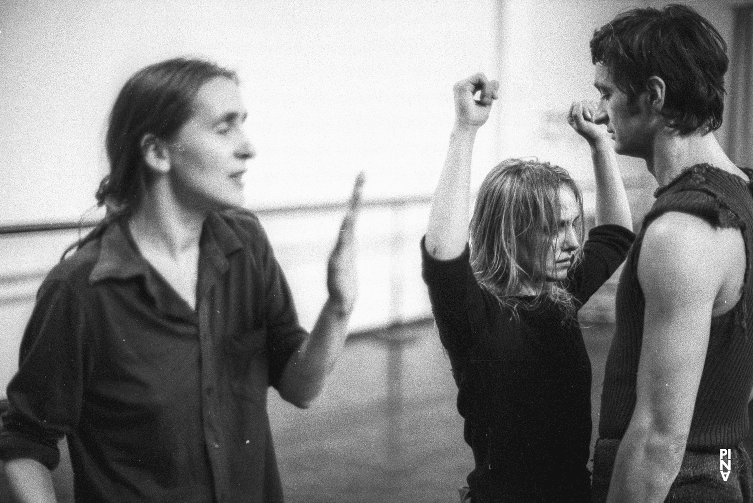 Pina Bausch, Jan Minařík and Marlis Alt in “Bluebeard. While Listening to a Tape Recording of Béla Bartók's Opera "Duke Bluebeard's Castle"” by Pina Bausch, season 1976/77