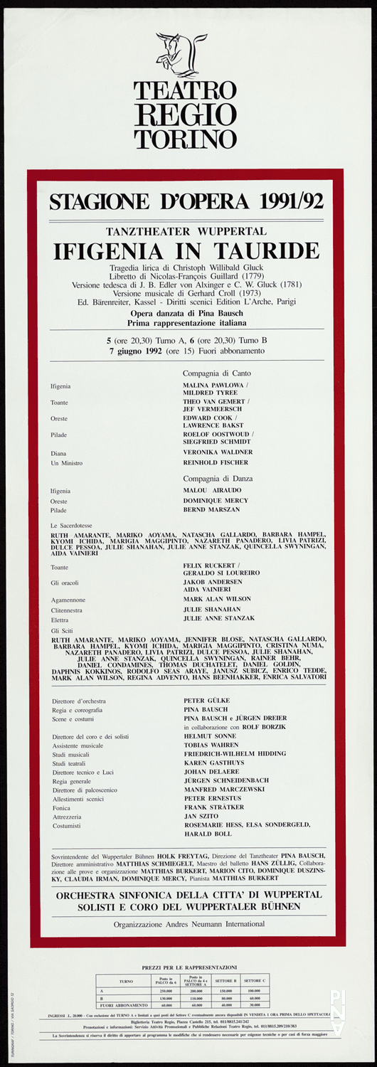 Poster for “Iphigenie auf Tauris” by Pina Bausch in Turin, 06/05/1992 – 06/07/1992
