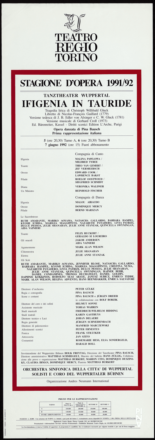 Plakat zu „Iphigenie auf Tauris“ von Pina Bausch in Turin, 05.06.1992–07.06.1992
