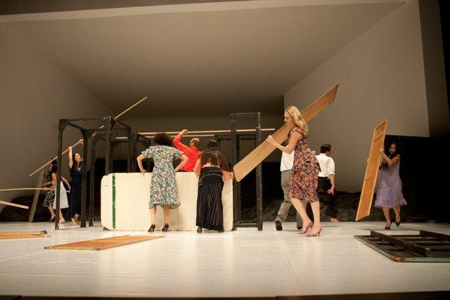 Julie Shanahan, Ditta Miranda Jasjfi and Azusa Seyama in “Masurca Fogo” by Pina Bausch with Tanztheater Wuppertal at Opernhaus Wuppertal (Germany), Sept. 19, 2012