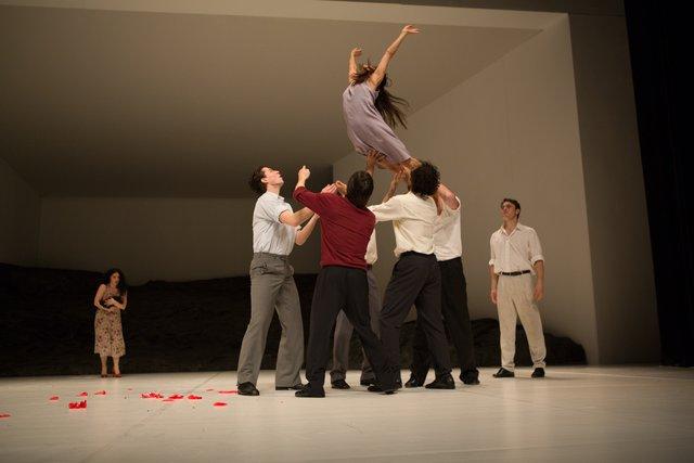 Aleš Čuček, Paul White and Aida Vainieri in “Masurca Fogo” by Pina Bausch with Tanztheater Wuppertal at Opernhaus Wuppertal (Germany), March 24, 2015
