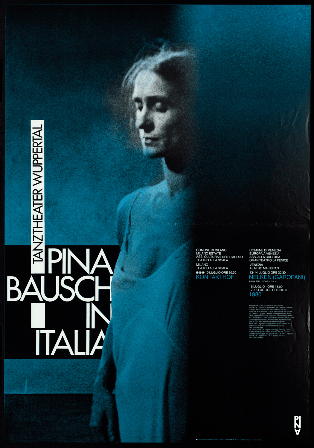 Plakat zu „1980 – Ein Stück von Pina Bausch“, „Kontakthof“ und „Nelken“ von Pina Bausch in Mailand und Venedig, 06.07.1983–18.07.1983