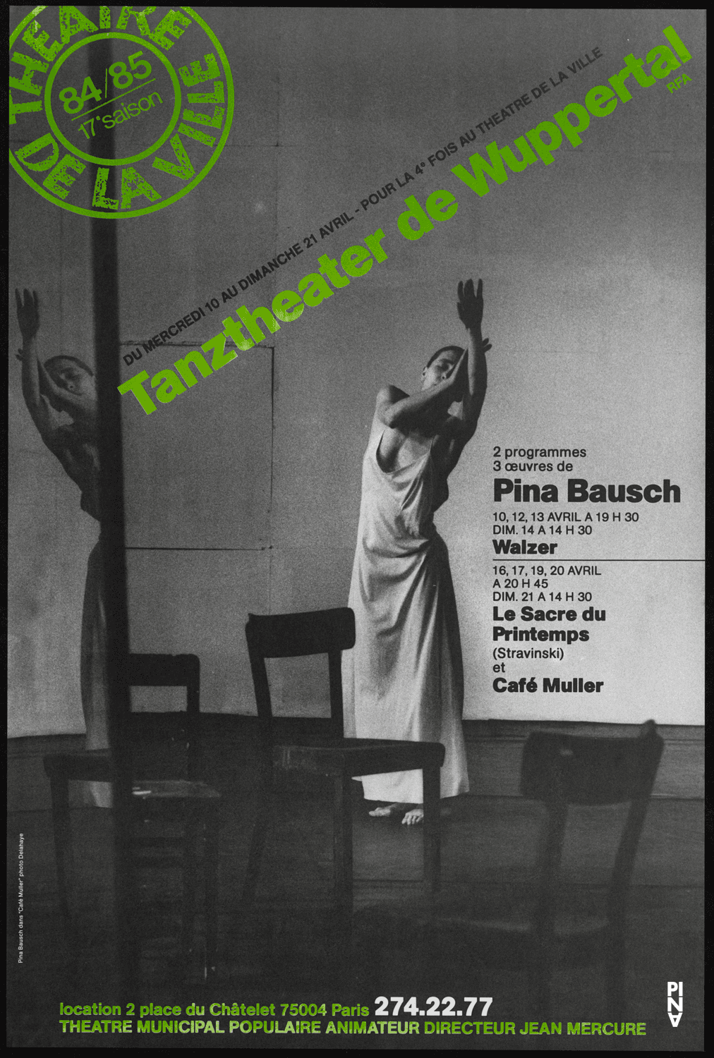 Plakat zu „Café Müller“, „Das Frühlingsopfer“ und „Walzer“ von Pina Bausch in Paris, 10.04.1985–20.04.1985