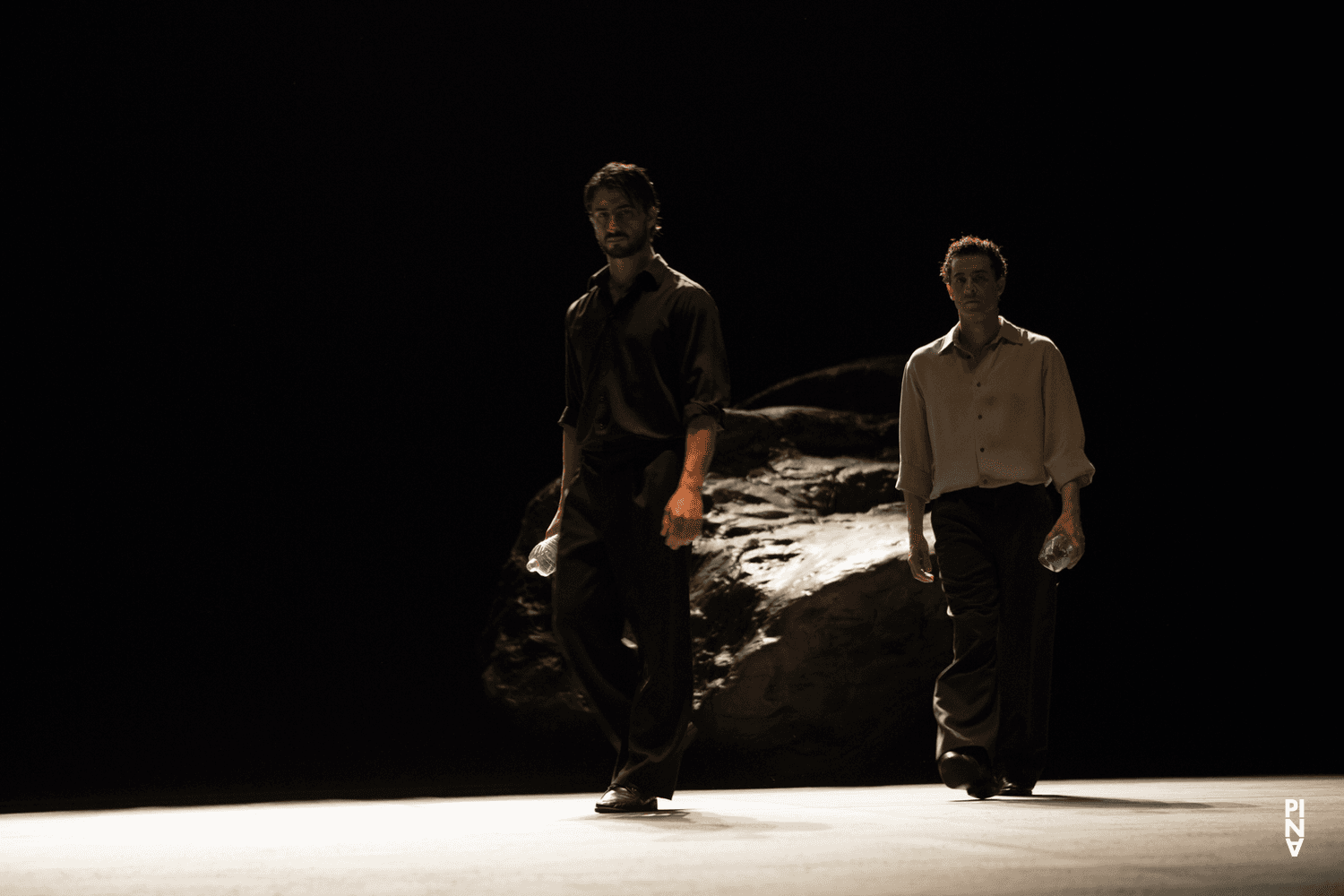 Damiano Ottavio Bigi and Fernando Suels Mendoza in “Vollmond (Full Moon)” by Pina Bausch with Tanztheater Wuppertal at Opernhaus Wuppertal (Germany), June 12, 2015