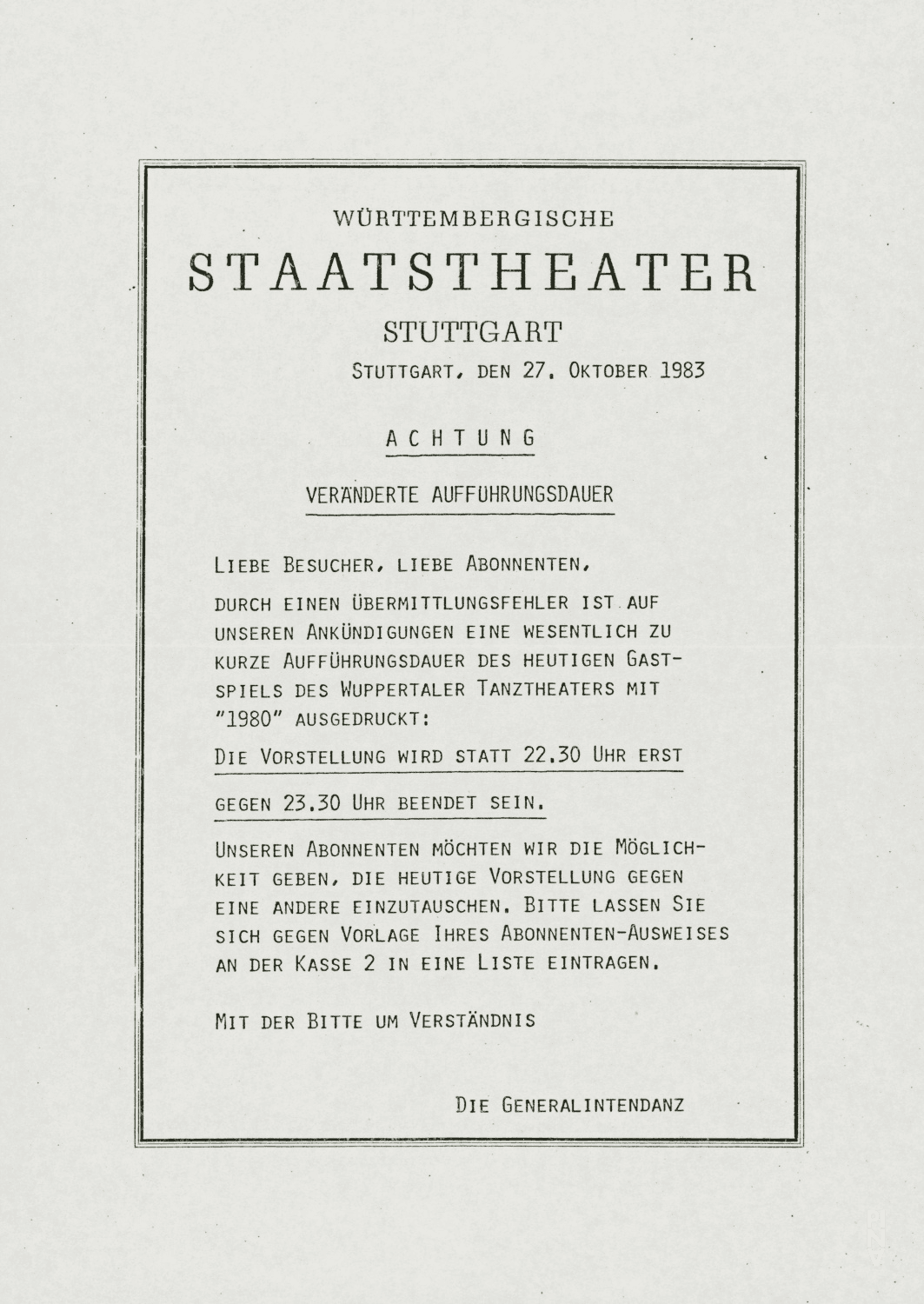 Ankündigung zu „1980 – Ein Stück von Pina Bausch“ von Pina Bausch mit Tanztheater Wuppertal in Stuttgart, 27. Oktober 1983