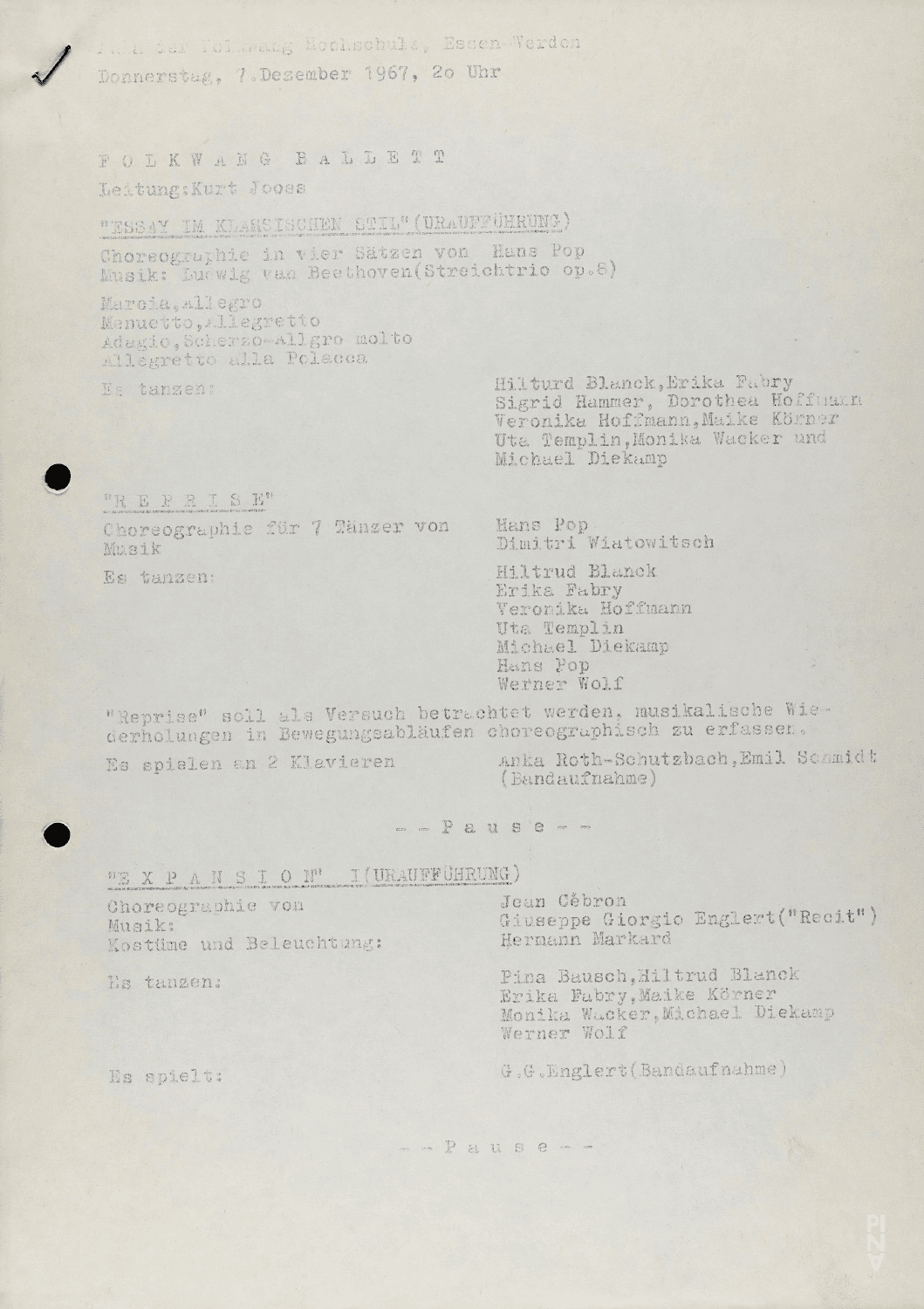 Evening leaflet for “Fragment” by Pina Bausch with Folkwangballett, “Essay im klassischen Stil” by Hans Pop, “Expansion I” by Jean Cébron and “Icarus” by Lucas Hoving in in Essen, Dec. 7, 1967