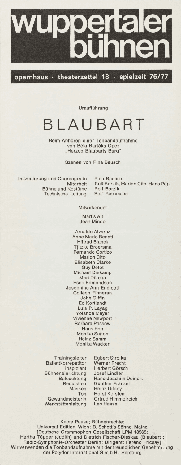 Programme pour « Barbe-Bleue. En écoutant un enregistrement sur bande magnétique de l’opéra de Béla Bartók « Le Château de Barbe-Bleue » » de Pina Bausch avec Tanztheater Wuppertal à Wuppertal, 8 janvier 1977