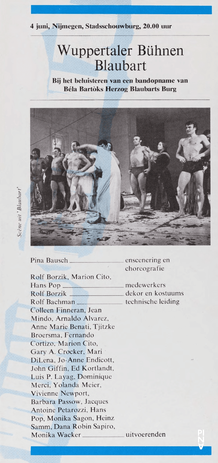 Programme pour « Barbe-Bleue. En écoutant un enregistrement sur bande magnétique de l’opéra de Béla Bartók « Le Château de Barbe-Bleue » » de Pina Bausch avec Tanztheater Wuppertal à Nijmegen, 4 juin 1978