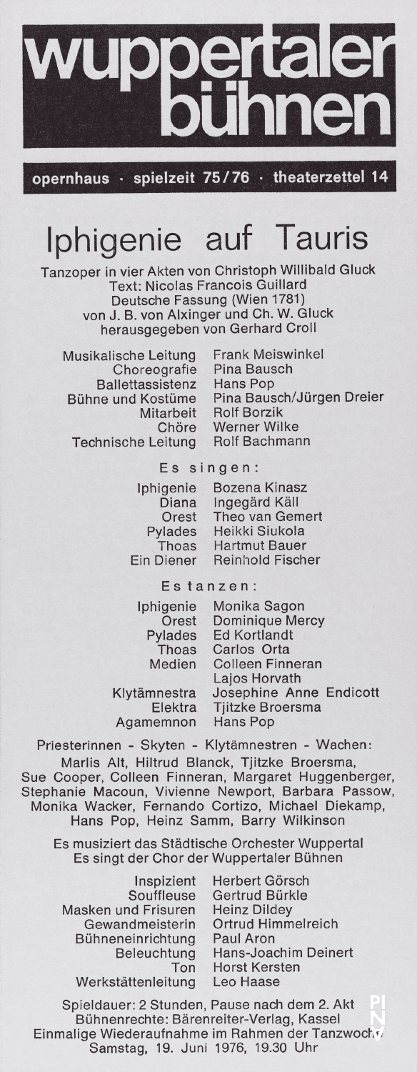Abendzettel zu „Iphigenie auf Tauris“ von Pina Bausch in Wuppertal, Spielzeit 1975/76