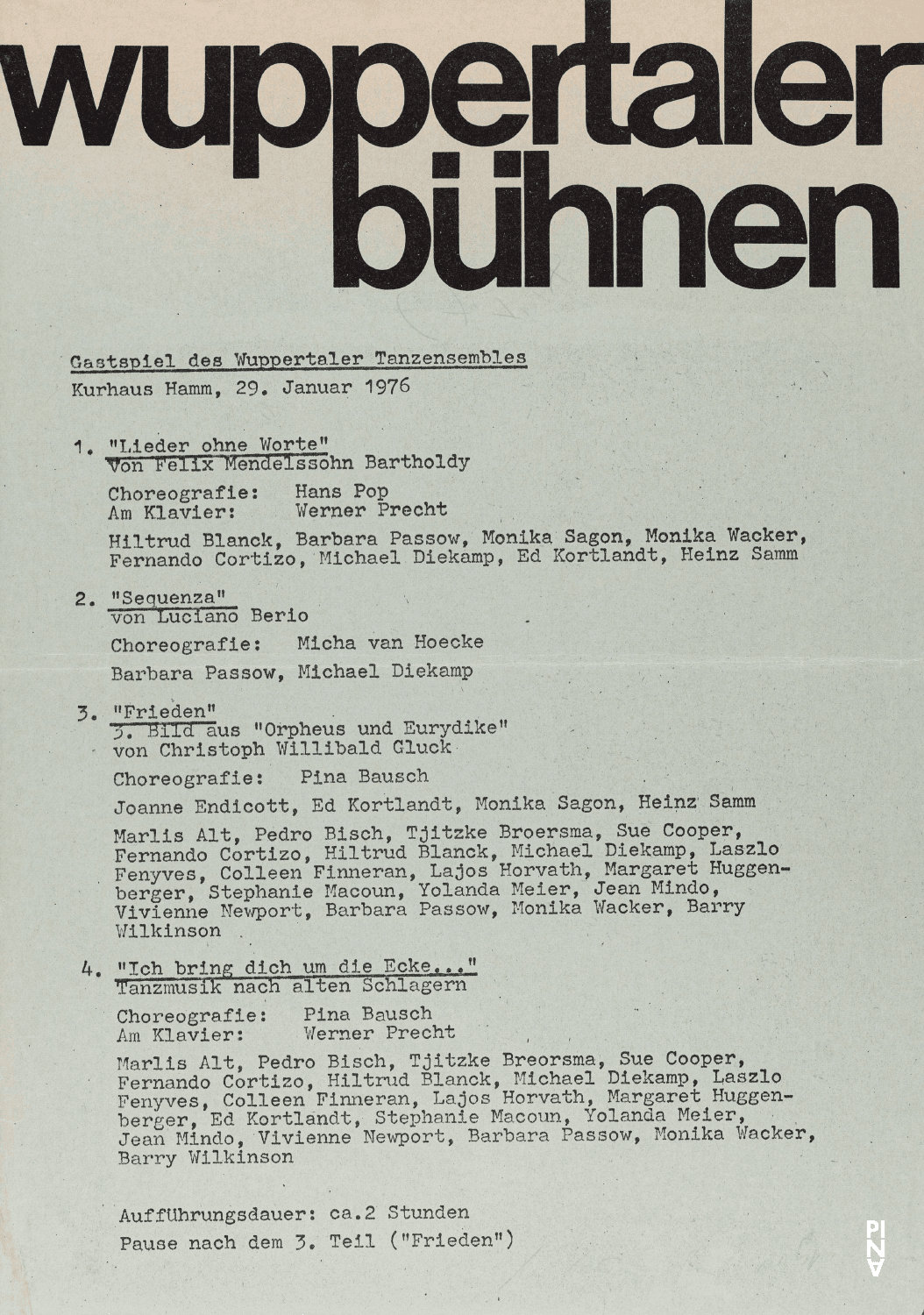 Evening leaflet for “Orpheus und Eurydike” and “I'll Do You In…” by Pina Bausch with Tanztheater Wuppertal in in Hamm, Jan. 29, 1976