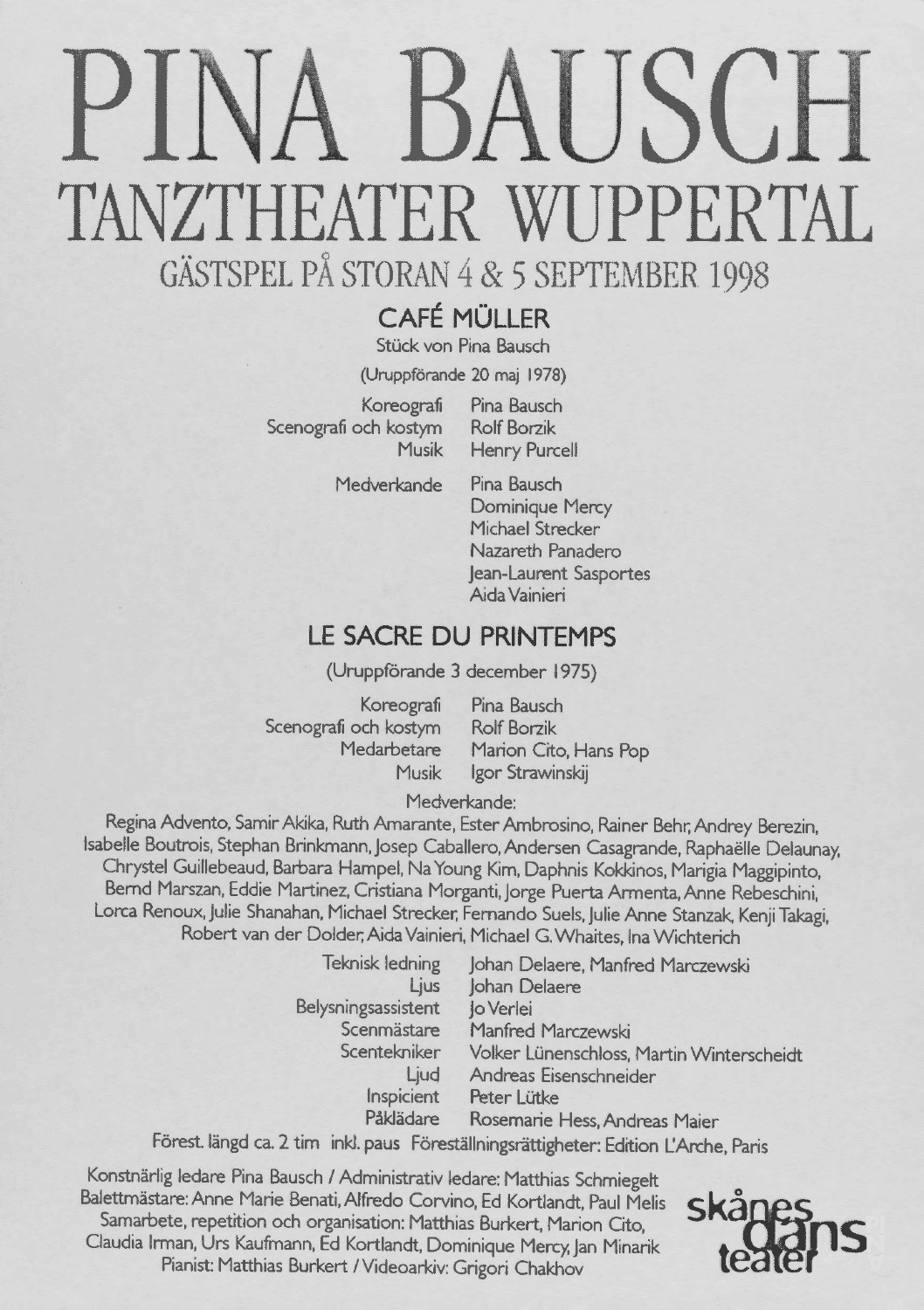 Abendzettel zu „Café Müller“ und „Das Frühlingsopfer“ von Pina Bausch mit Tanztheater Wuppertal in Malmö, 04.09.1998–05.09.1998