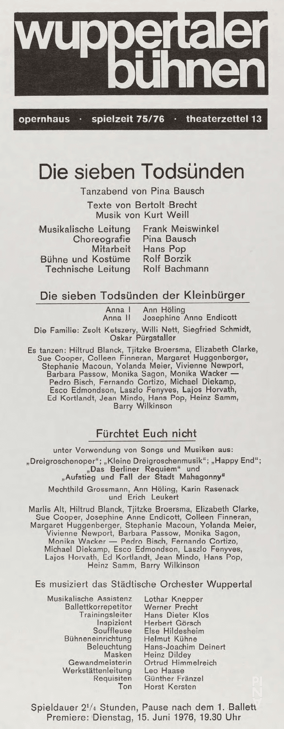 Abendzettel zu „Die sieben Todsünden“ von Pina Bausch mit Tanztheater Wuppertal in Wuppertal, 15. Juni 1976