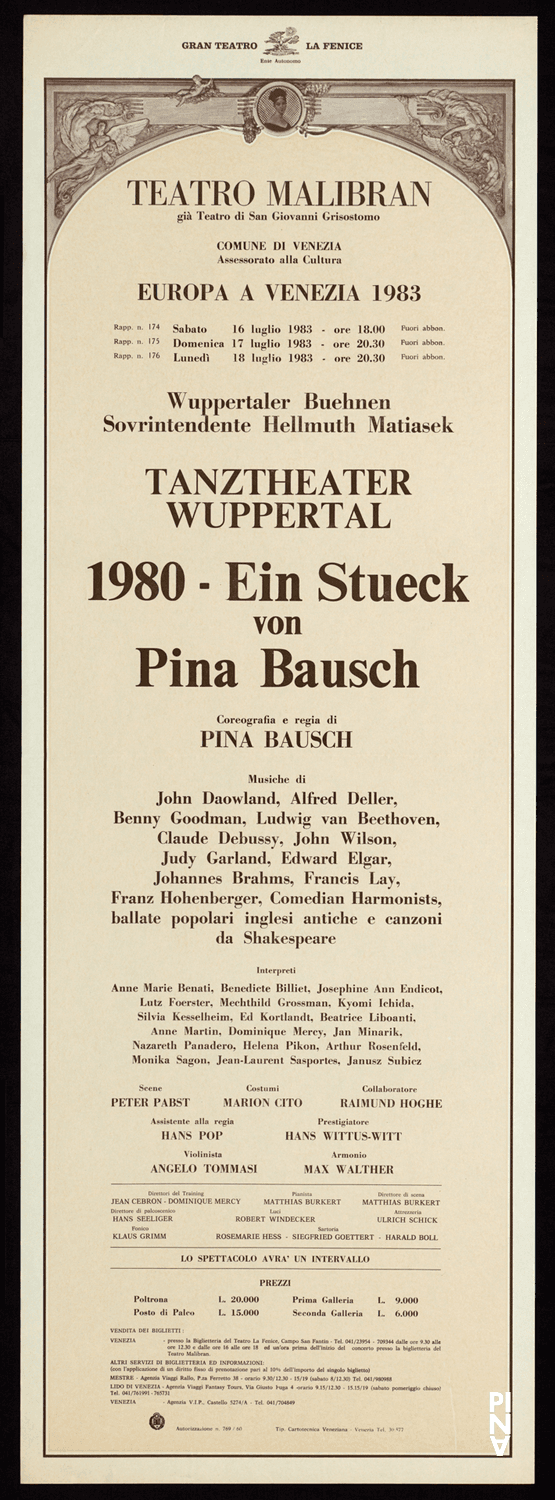 Poster for “1980 – A Piece by Pina Bausch” by Pina Bausch in Venice, 07/16/1983 – 07/18/1983