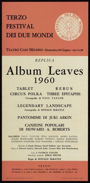 Affiche de « 3 Epitaphs », « Circus Polka », « Rebus » et « Tablet » de Paul Taylor à Spoleto, 26 juin 1960