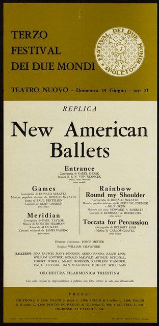 Plakat zu „Games“ und „Rainbow Round my Shoulder“ von Donald Mckayle, „Meridian“ von Paul Taylor und „Toccata for Percussion“ von Herbert Ross in Spoleto, 19. Juni 1960