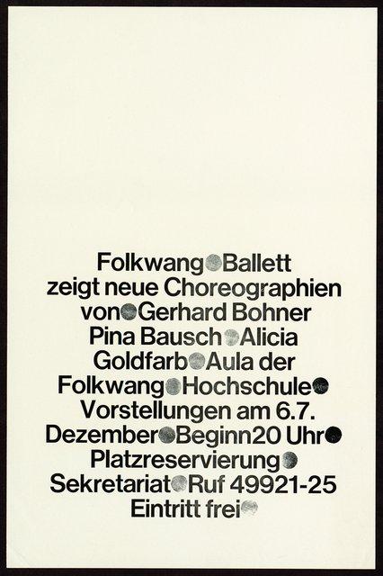 Plakat zu „Aktionen für Tänzer“ von Pina Bausch, „Malade Imaginaire“ von Gerhard Bohner und „Xtabay“ von Alicia Goldfarb in Essen, 06.12.1971–07.12.1971