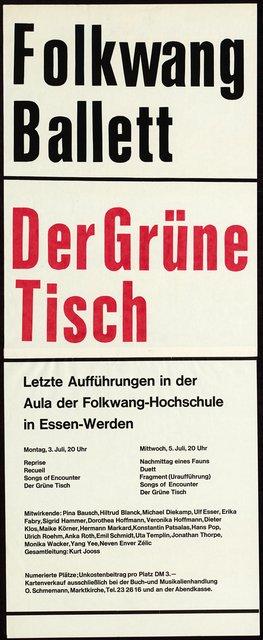 Plakat zu „Fragment“ von Pina Bausch und „Der Grüne Tisch“ von Kurt Jooss in Essen, 5. Juli 1967