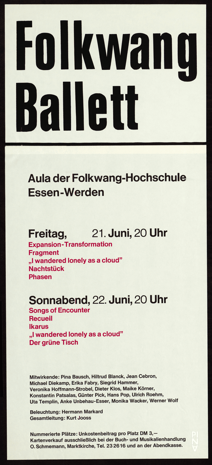 Poster for “Fragment” and “Im Wind der Zeit” by Pina Bausch, “Icarus” and “Songs of Encounter” by Lucas Hoving, “The green Table” and “Phasen” by Kurt Jooss, “Expansion I”, “Transformation II” and “Recueil” by Jean Cébron and “Nachtstück” by Hans Pop in Essen, 06/21/1968 – 06/22/1968