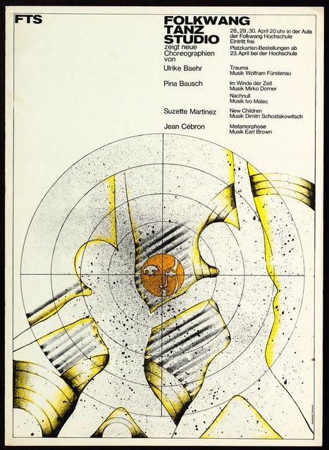 Plakat zu „Im Wind der Zeit“ und „Nachnull“ von Pina Bausch, „Metamorphose“ von Jean Cébron und „Trauma“ von Ulrike Baehr in Essen, 28.04.1970–30.04.1970