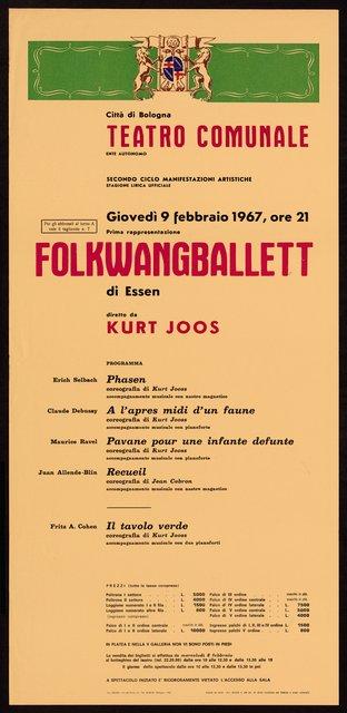 Plakat zu „Der Grüne Tisch“, „L'après-midi d'un faune (Nachmittag eines Fauns)“, „Pavane pour une infante defunte“ und „Phasen“ von Kurt Jooss und „Recueil“ von Jean Cébron in Bologna, 9. Februar 1967