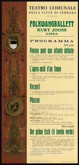 Affiche de « L'après-midi d'un faune », « La table verte », « Pavane pour une infante defunte » et « Phasen » de Kurt Jooss et « Recueil » de Jean Cébron à Ferrara, 13 fév. 1967 – 14 fév. 1967