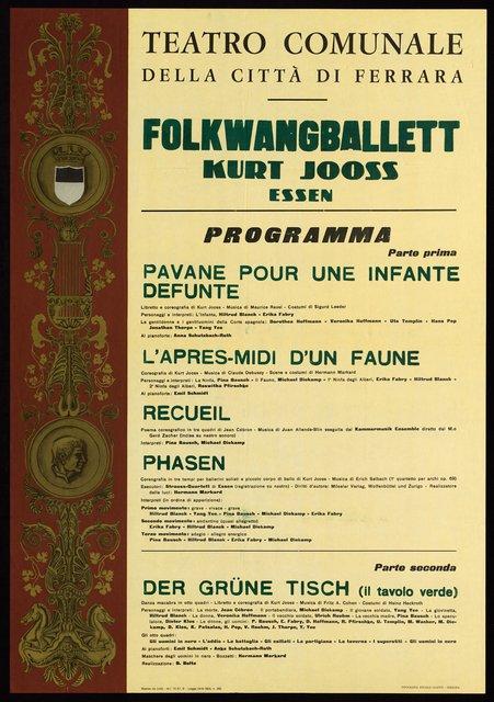 Plakat zu „L'après-midi d'un faune (Nachmittag eines Fauns)“, „Pavane pour une infante defunte“ und „Phasen“ von Kurt Jooss und „Recueil“ von Jean Cébron in Ferrara, 13.02.1967–14.02.1967