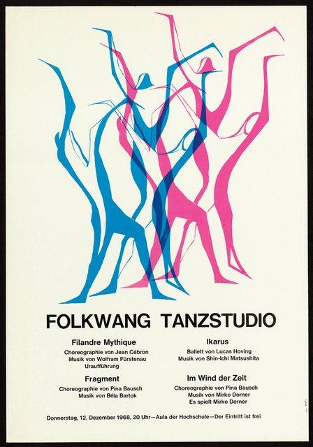 Plakat zu „Fragment“ und „Im Wind der Zeit“ von Pina Bausch, „Filandre - Mythique (Faden der Parzen)“ von Jean Cébron und „Ikarus“ von Lucas Hoving in Essen, 12. Dezember 1968