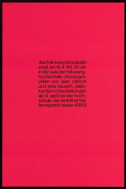 Poster for “Fragment” and “Im Wind der Zeit” by Pina Bausch and “Filandre - Mythique (Faden der Parzen)”, “Model für ein Mobile”, “Poème dansé”, “St. Georg und der neue Drache”, “Recueil” and “Unidentified” by Jean Cébron in Essen, April 18, 1969