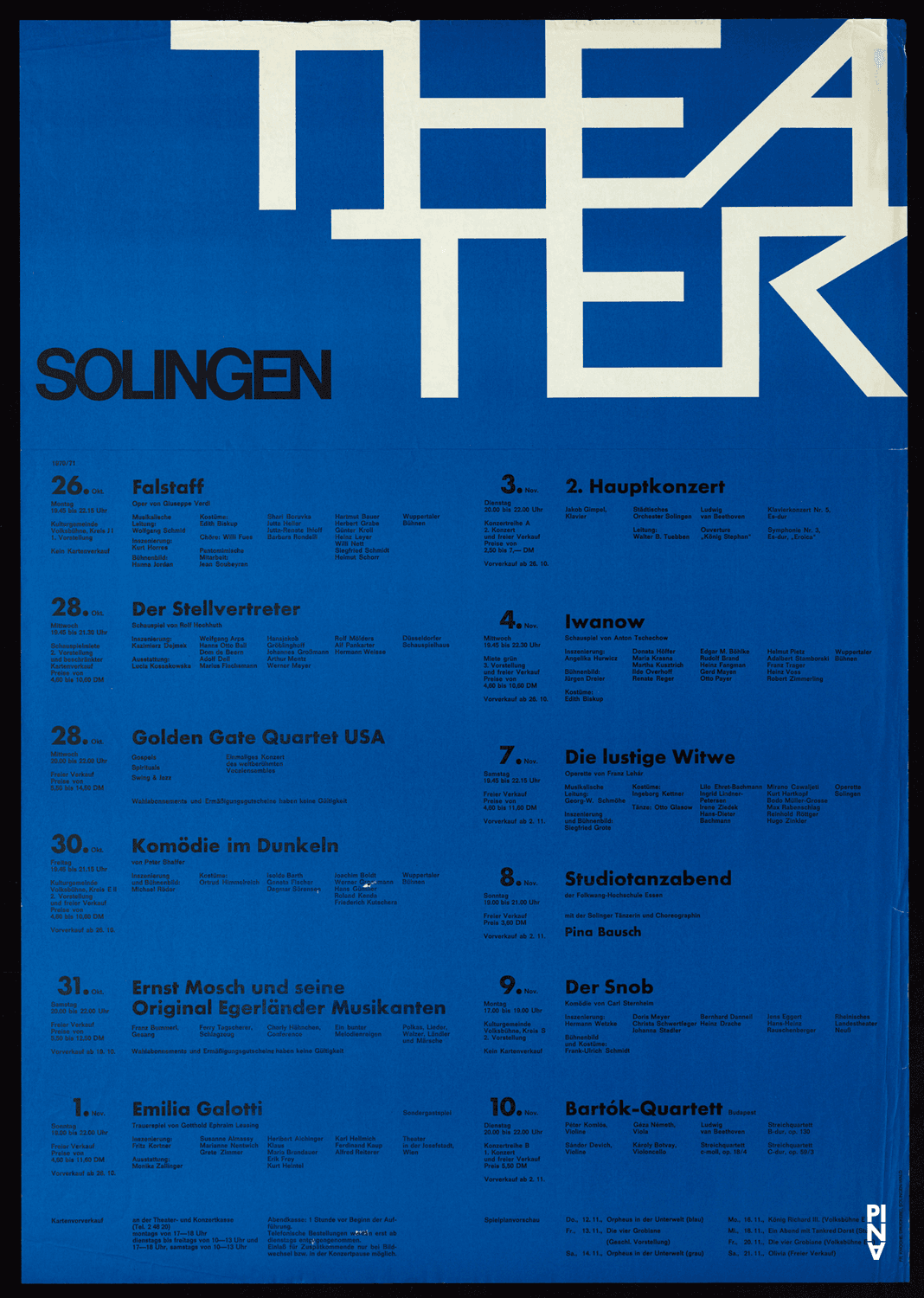 Plakat zu „Im Wind der Zeit“ und „Nachnull“ von Pina Bausch, „Metamorphose“, „Poème dansé“ und „Recueil“ von Jean Cébron und „Mono“ von Susanne Linke in Solingen, 8. November 1970