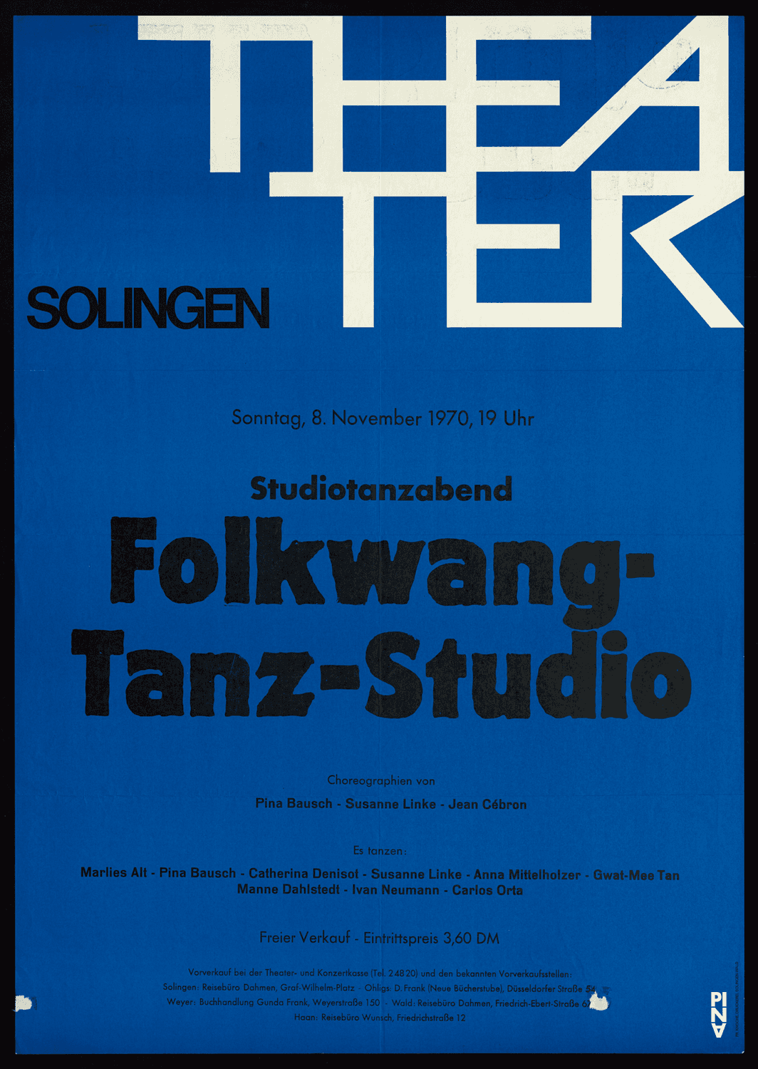 Affiche de « Im Wind der Zeit » et « Nachnull (Après Zéro) » de Pina Bausch, « Poème dansé », « Recueil » et « Metamorphose » de Jean Cébron et « Mono » de Susanne Linke à Solingen, 8 novembre 1970
