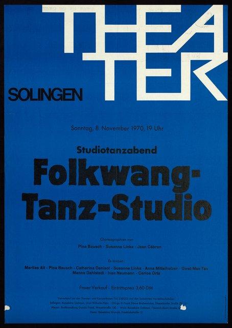 Poster for “Im Wind der Zeit” and “Nachnull (After Zero)” by Pina Bausch, “Poème dansé”, “Recueil” and “Metamorphose” by Jean Cébron and “Mono” by Susanne Linke in Solingen, Nov. 8, 1970