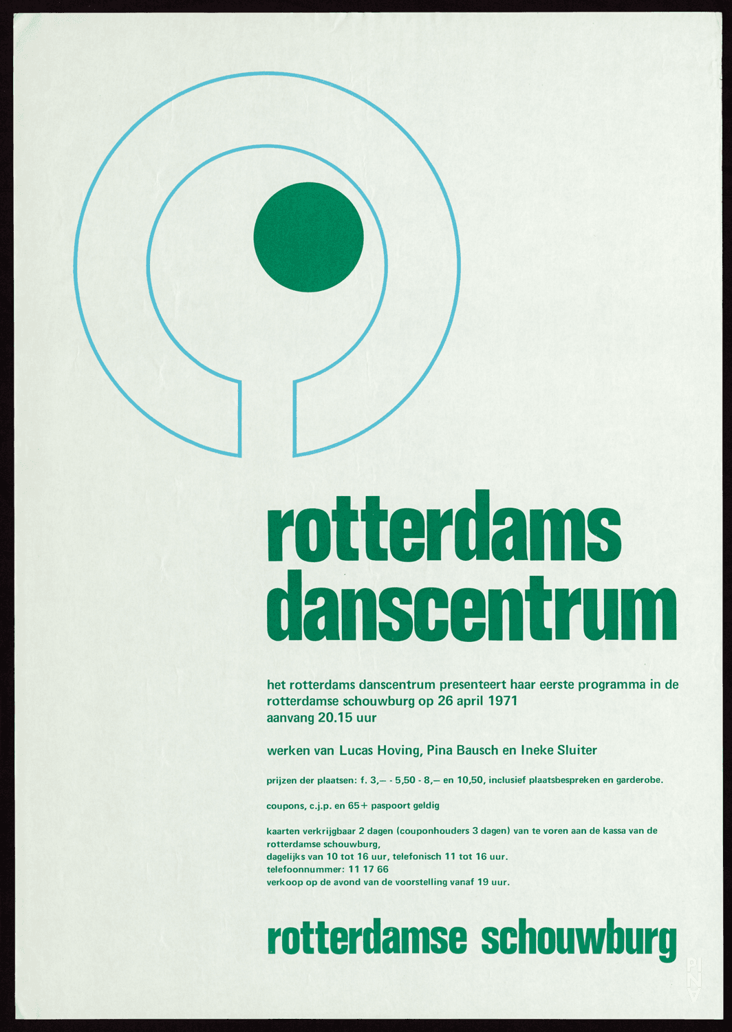 Poster for “Im Wind der Zeit” by Pina Bausch, “Suite uit de Watermuziek” by Ineke Sluiter and “Collage” by Lucas Hoving in Rotterdam, April 26, 1971