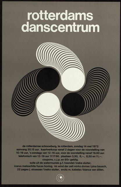 Plakat zu „Im Wind der Zeit“ von Pina Bausch, „22 Pages“ von Ineke Sluiter und „Ikarus“ von Lucas Hoving in Rotterdam, 14. Mai 1972