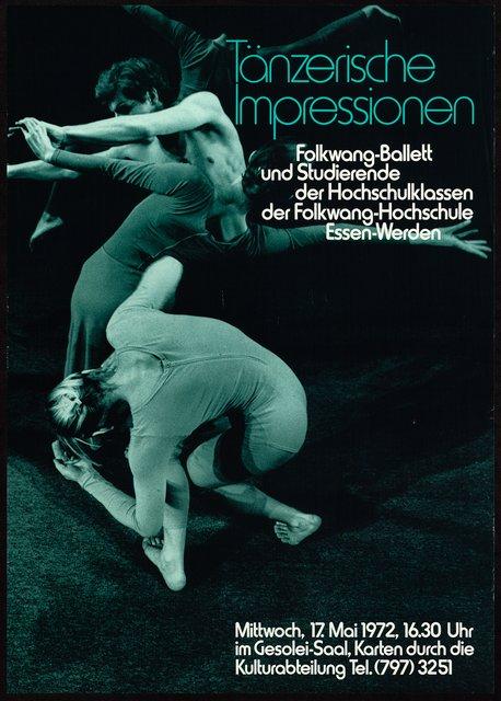 Plakat zu „Aktionen für Tänzer“ und „PHILIPS 836 885 DSY“ von Pina Bausch, „Aktionen für Tänzer“ von Ivan Sertić und „Model für ein Mobile“ von Jean Cébron in Düsseldorf und Essen, 17. Mai 1972
